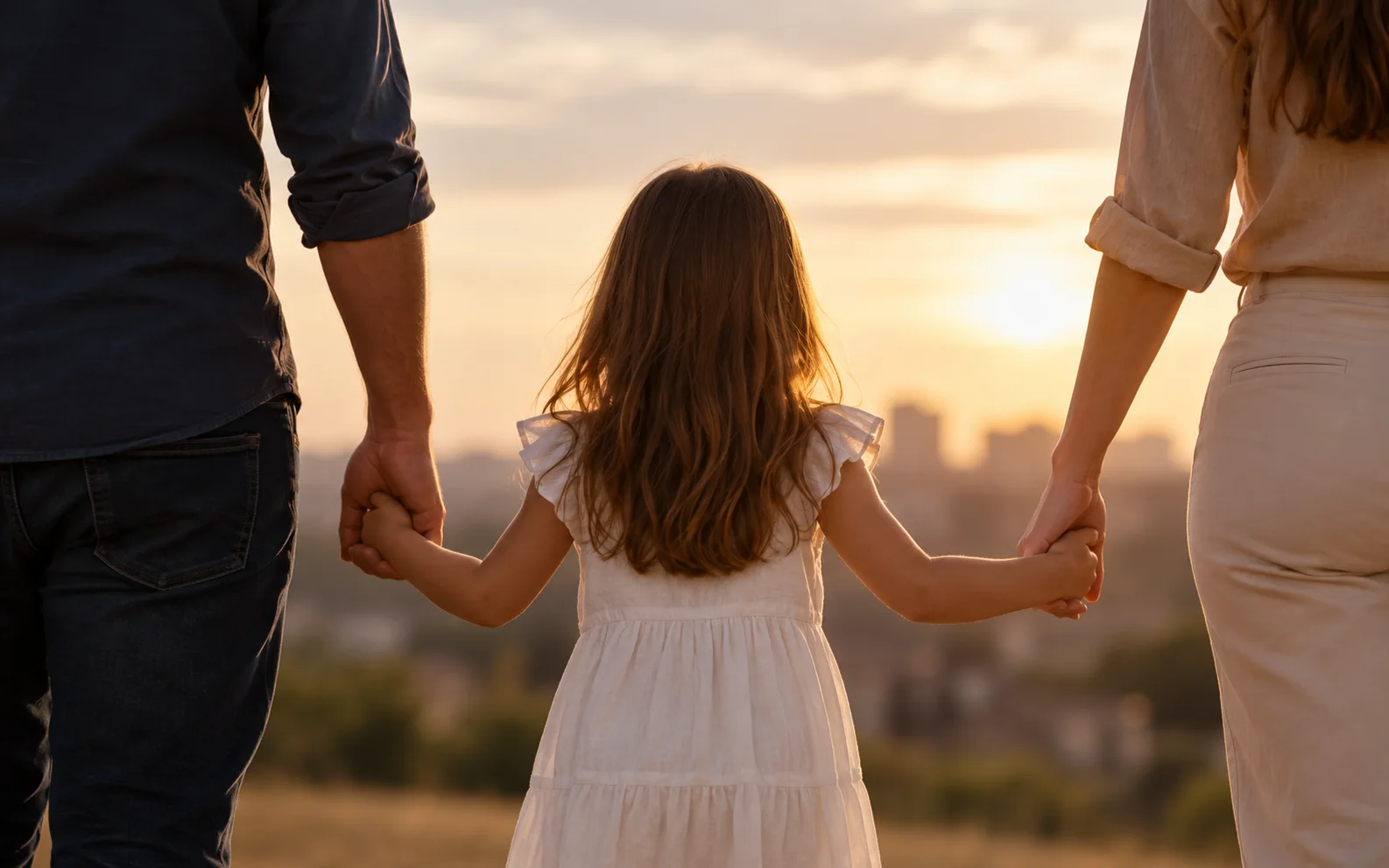Pai e mãe seguram as mãos da filha entre eles, vistos de costas durante o pôr do sol. A imagem representa cuidado, proteção, convivência familiar
